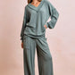 Cozy ribbed teal BiBi two-tone V-neck top and wide-leg pants set