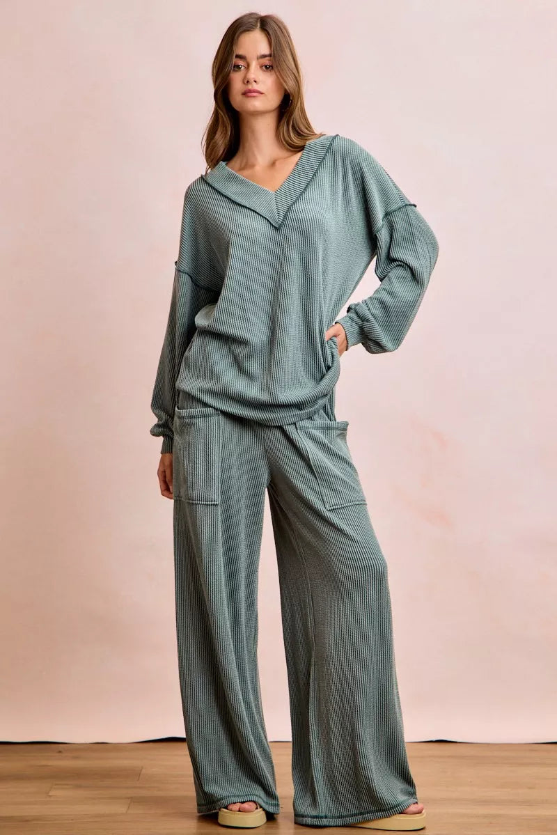 Cozy ribbed teal BiBi two-tone V-neck top and wide-leg pants set