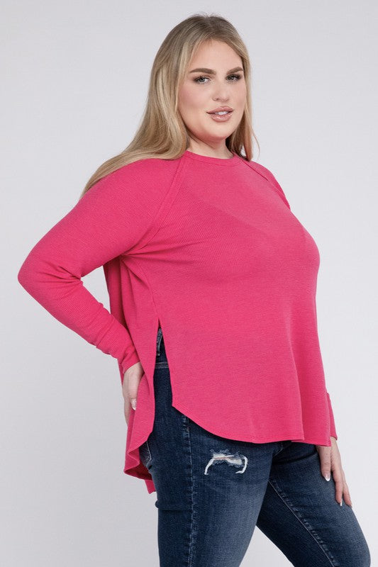 Plus Melange Baby Waffle Long Sleeve Top Plus Tops