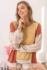 BiBi Waffle-Knit Exposed Seam Color Block Uneven Hem Top | Tops Daverri Fashions