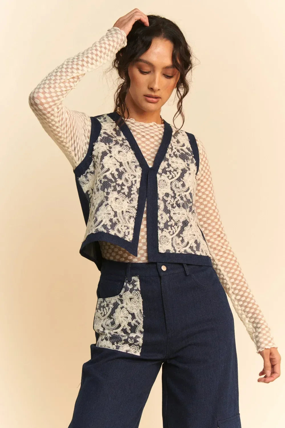 Davi & Dani Lace Patch Open Front Denim Vest - DAVERRI FASHIONS