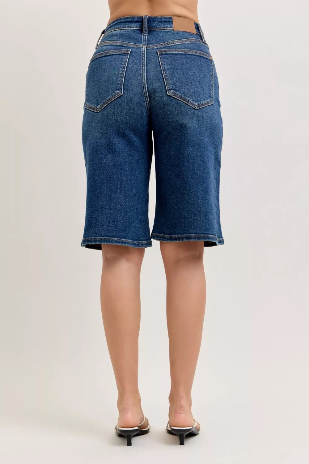 Judy Blue high waist Bermuda denim shorts in blue with brown leather waistband
