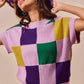 Vibrant SO ME Mardi Gras plaid sweater in lavender, purple, green, yellow knit