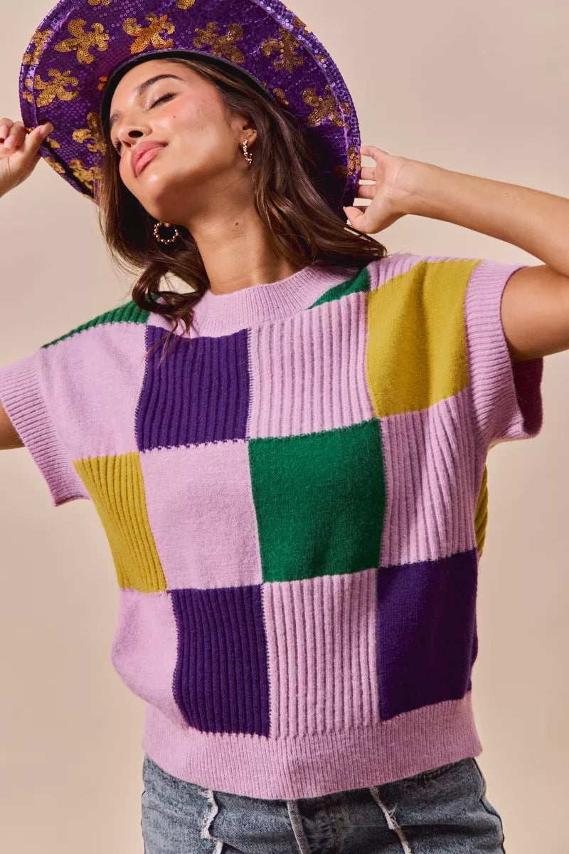 Vibrant SO ME Mardi Gras plaid sweater in lavender, purple, green, yellow knit