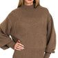 Zenana Brown Balloon Sleeve Mock Neck Sweater - DAVERRI FASHIONS