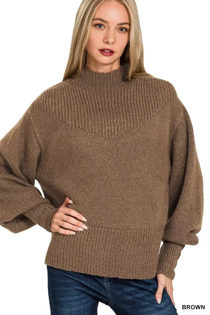 Zenana Brown Balloon Sleeve Mock Neck Sweater - DAVERRI FASHIONS