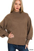 Zenana Brown Balloon Sleeve Mock Neck Sweater - DAVERRI FASHIONS