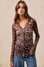 BiBi Leopard Printed Mesh Shirt With Button Up V Neck | Shirts Daverri Fashions