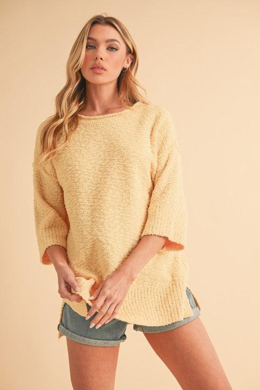 Aemi + Co Side Slit Ribbed Hem Round Neck Sweater Sweaters