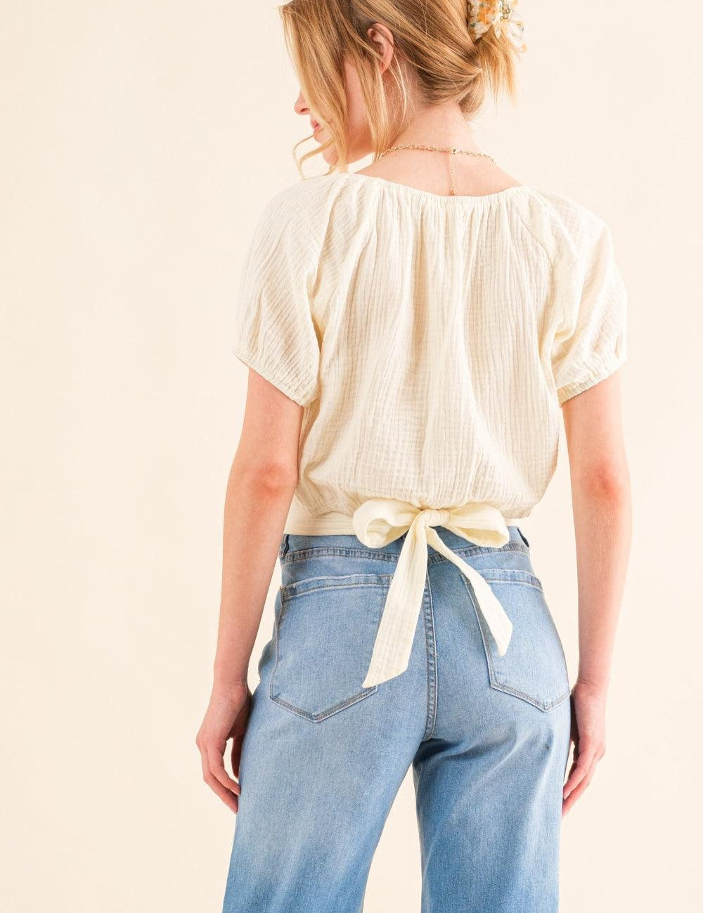 And The Why Back Waist Tie Cropped Blouse | Daverri Fashions