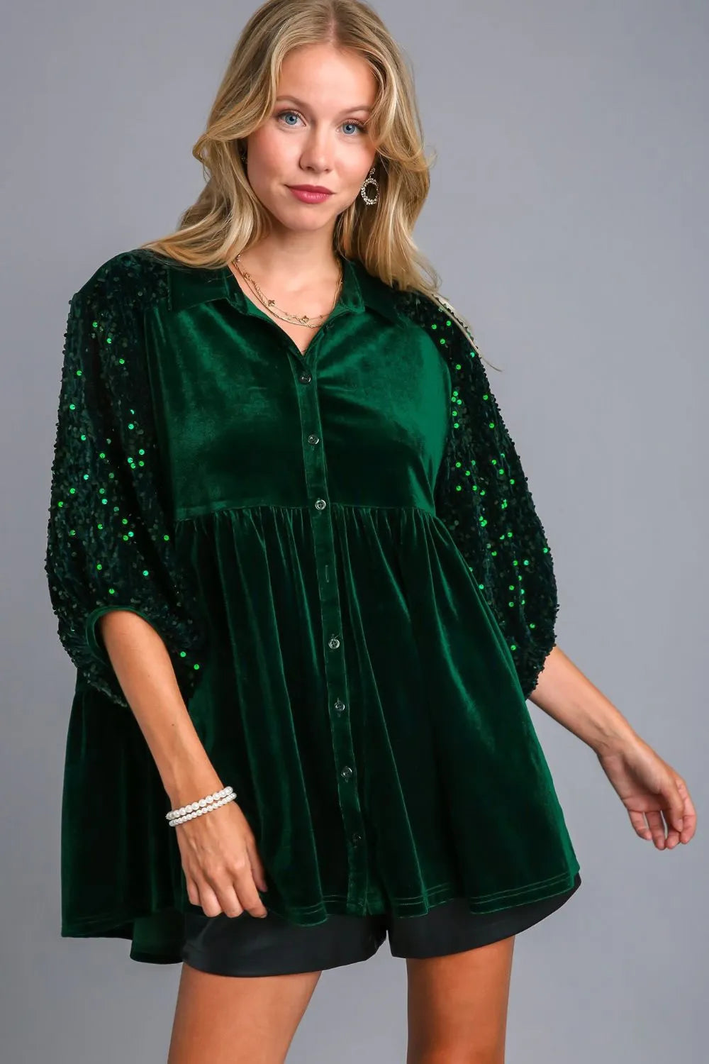 Umgee Sequin Detail Tiered Back Half Sleeve Shirt Hunter Green