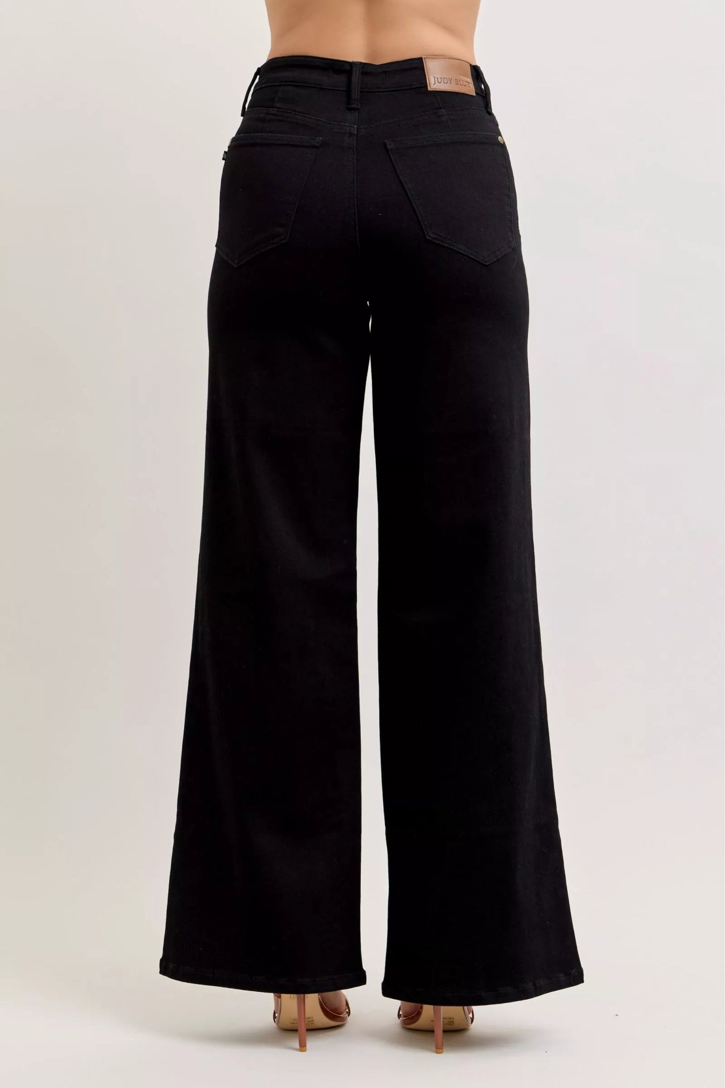 Judy Blue high-waisted wide-leg black denim jeans with leather patch