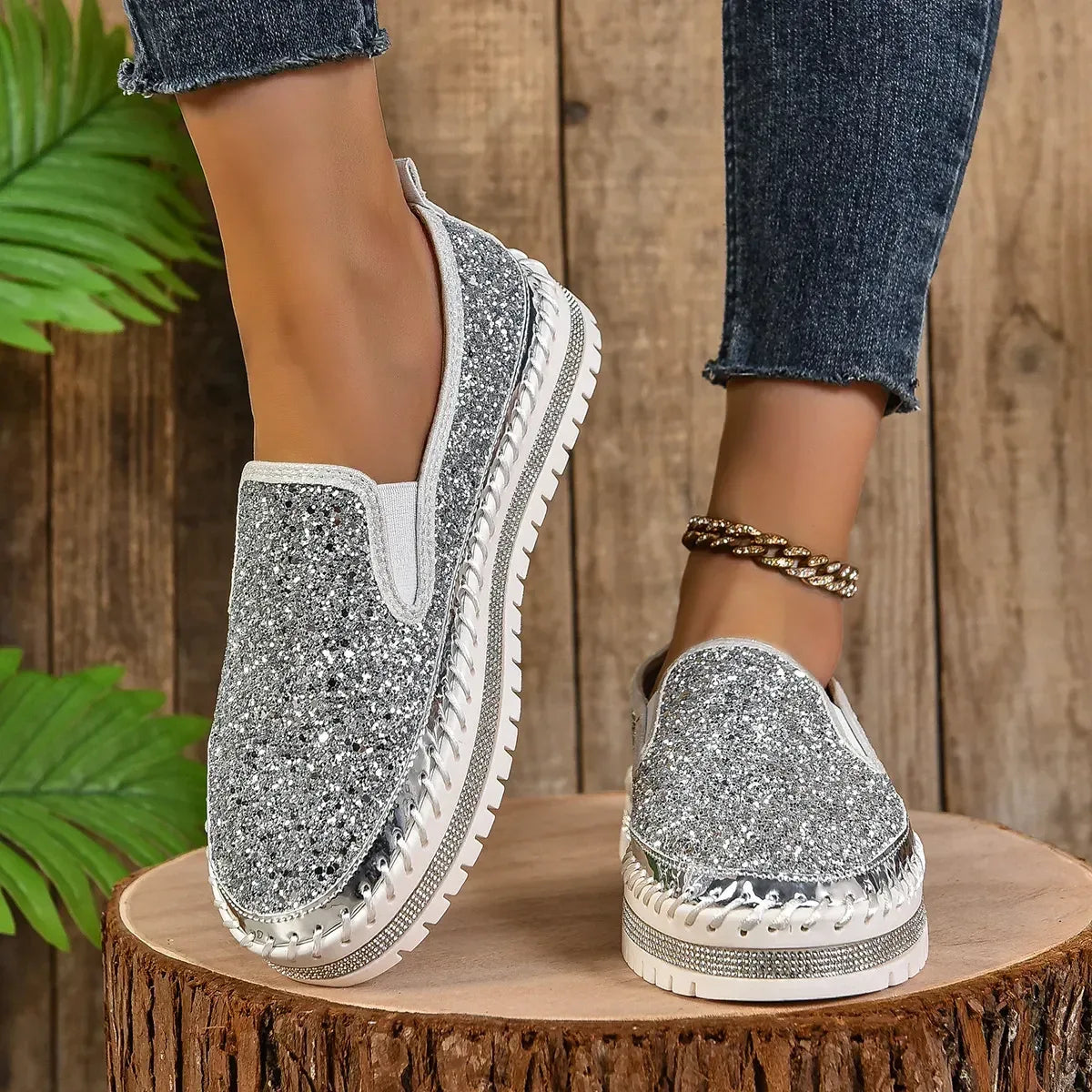 Rhinestone Round Toe Platform Loafers - DAVERRI FASHIONS
