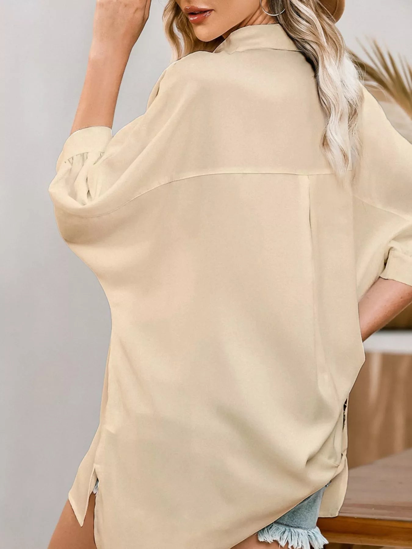 Beige satin women’s oversized 3/4 sleeve button-up blouse