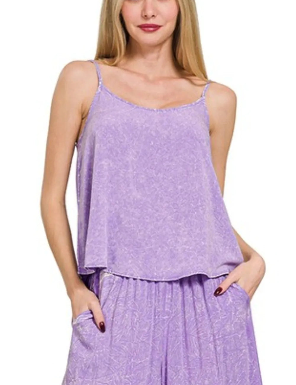Zenana Lavender Woven Acid Crinkle Washed Cami & Pants 2 Piece Set | Outfit Sets Daverri Fashions