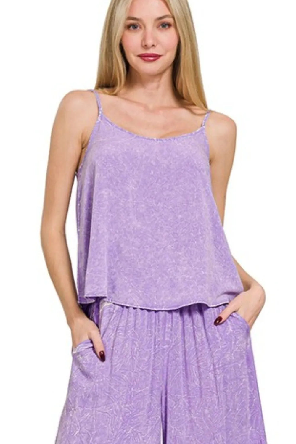 Zenana Lavender Woven Acid Crinkle Washed Cami & Pants 2 Piece Set Outfit Sets
