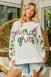 BiBi Fleur De Lis Sleeve Mardi Gras Pullover | Daverri Fashions