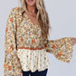 Yellow floral printed bell sleeve V-neck peplum blouse