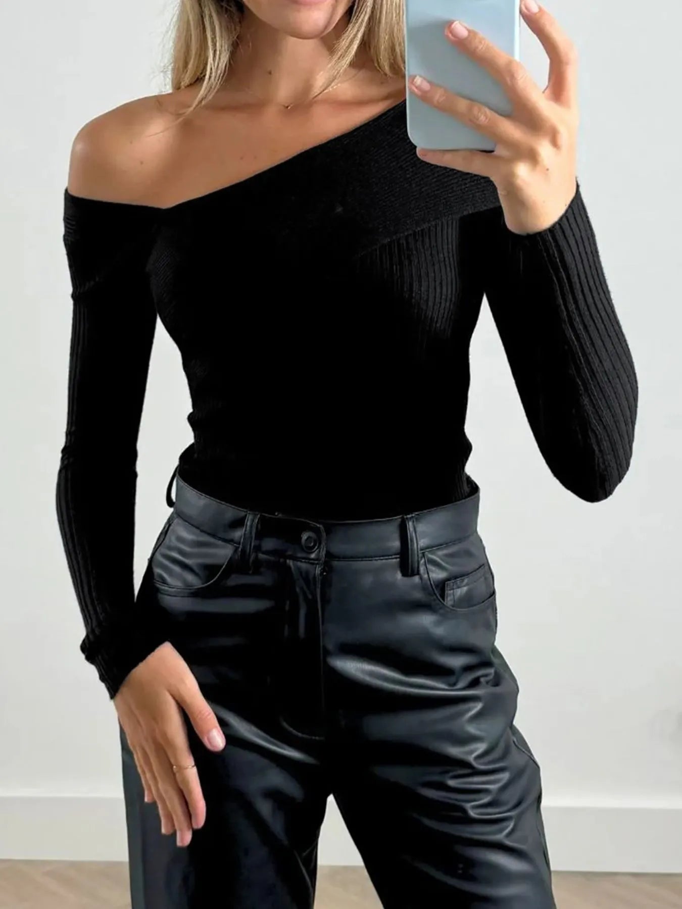 Off-Shoulder Ribbed Knit Top | Clothing Tops Daverri Fashions