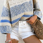 Cozy openwork striped knit long sleeve sweater in cream and blue