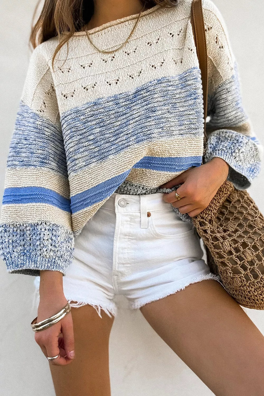 Cozy openwork striped knit long sleeve sweater in cream and blue