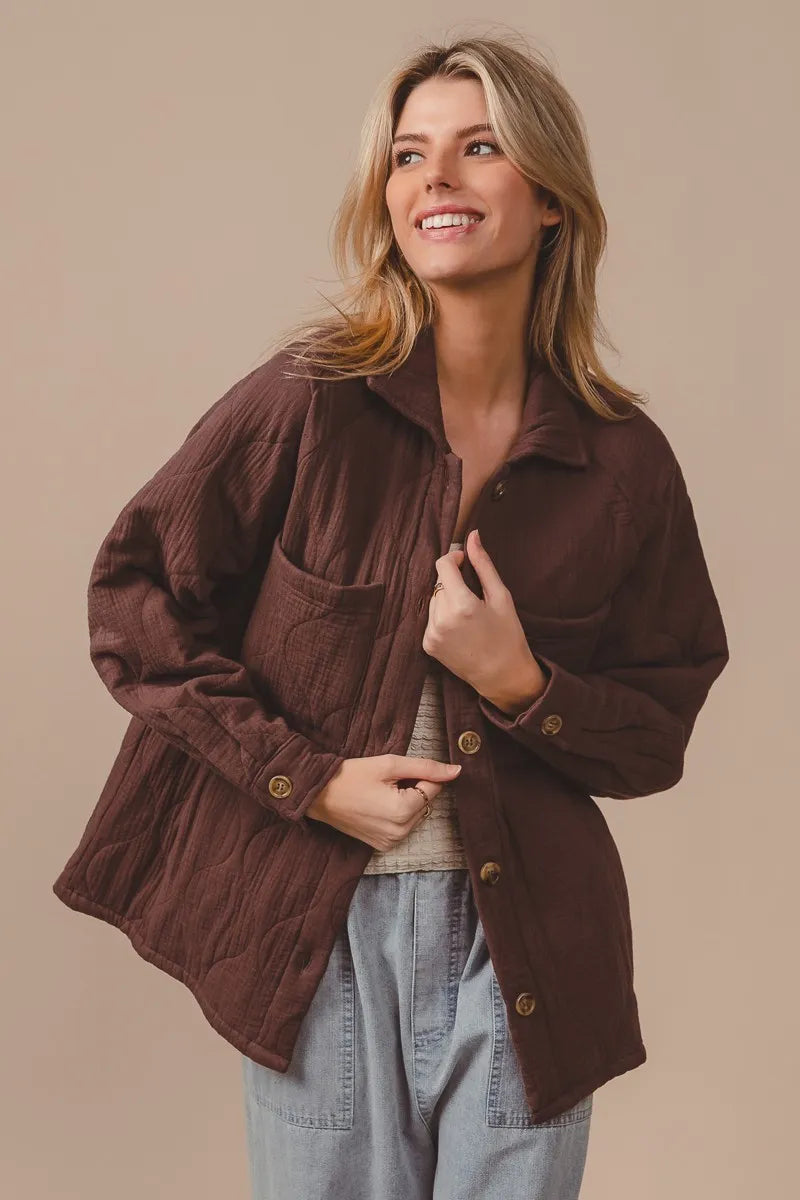 BiBi Quilted Wrinkle Gauze Long Sleeve Shacket | Daverri Fashions