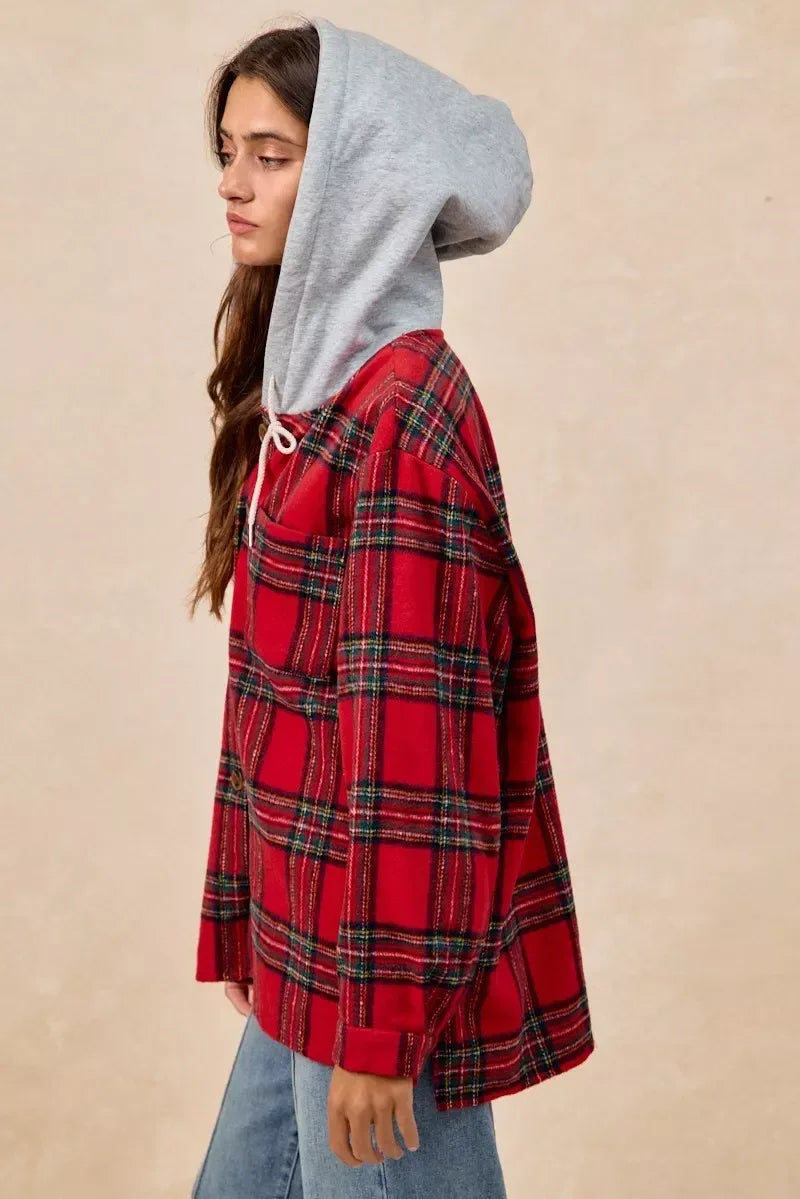 BiBi Brushed Plaid Hooded Jacket - DAVERRI FASHIONS