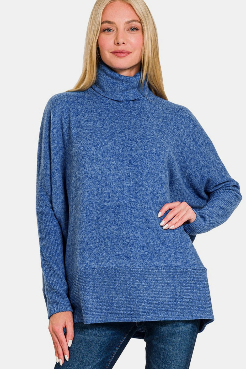 Brushed Melange Hacci Blue Turtleneck Sweater Lt Navy Sweaters