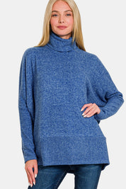 Brushed Melange Hacci Blue Turtleneck Sweater | Sweaters Daverri Fashions
