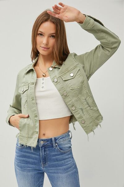 RISEN Full Size Raw Hem Button Up Cropped Denim Jacket Plus Size