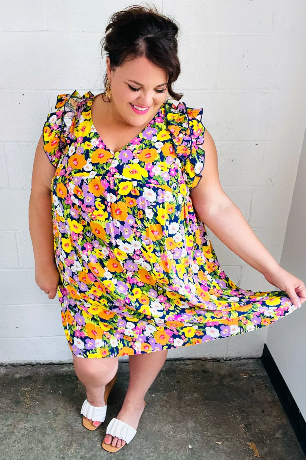 Indigo & Lemon Floral Babydoll Ruffle Dress | Daverri Fashions