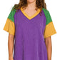 Purple ribbed v-neck top with green and yellow raglan sleeves