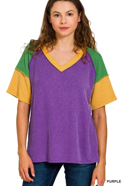 Purple ribbed v-neck top with green and yellow raglan sleeves