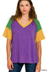 Purple ribbed v-neck top with green and yellow raglan sleeves