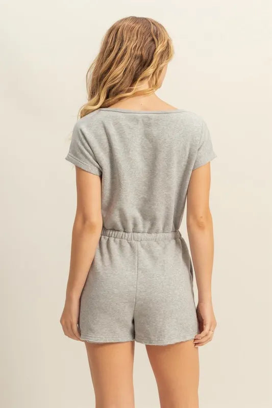 HYFVE Round Neck Short Sleeve Drawstring Waist Romper Rompers