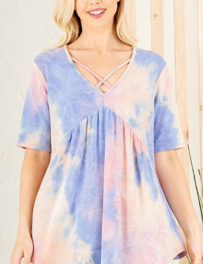 Heimish Full Size Crisscross Tie Dye Babydoll Top Plus Size Blue Pink S