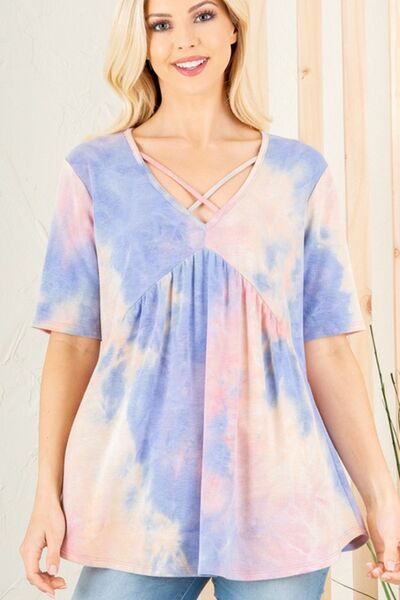 Heimish Full Size Crisscross Tie Dye Babydoll Top Plus Size Blue Pink S