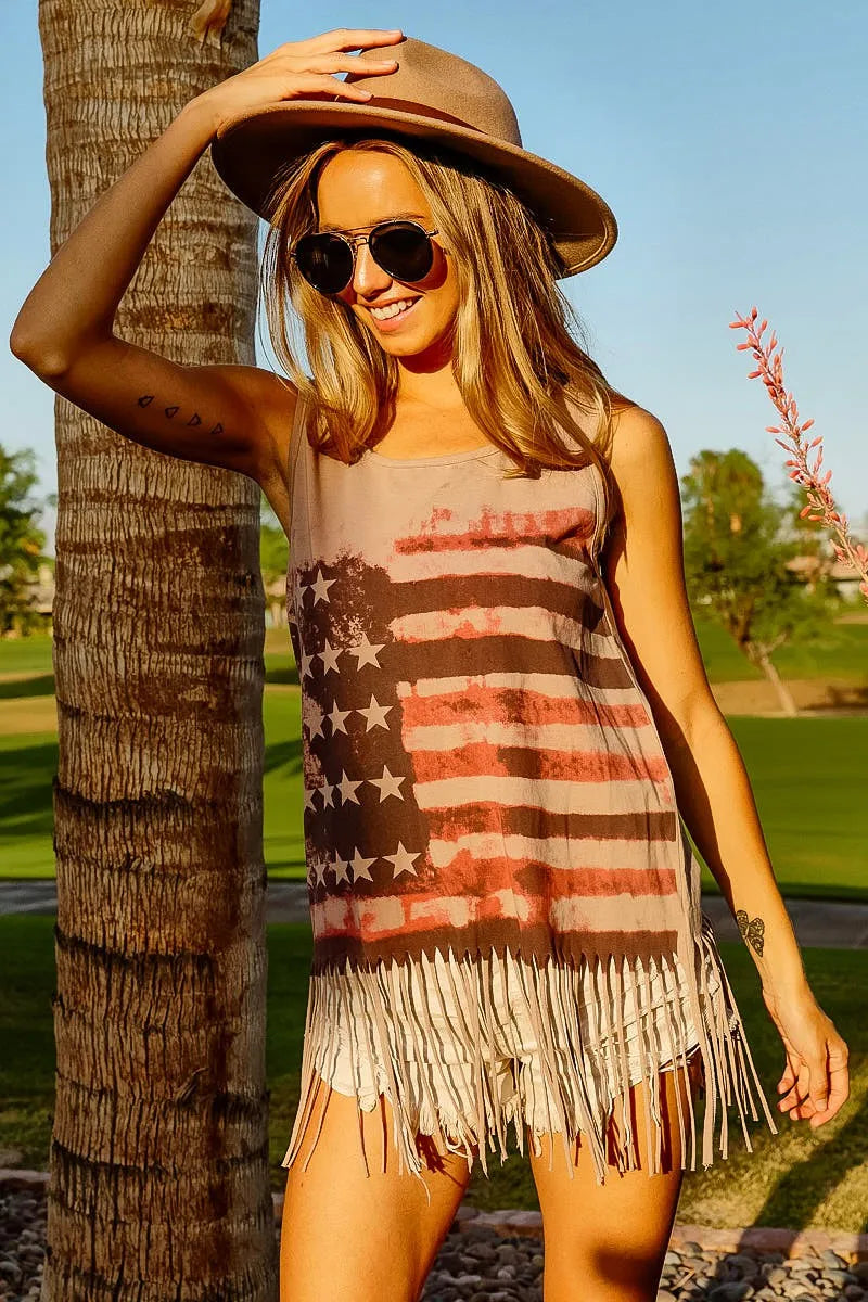 BiBi American Flag Print Knit Sleeveless Top Tank Tops