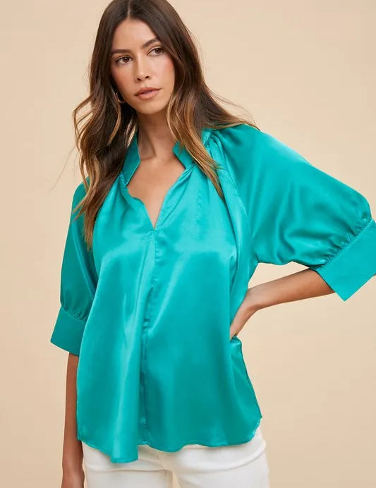 EMERALD Annie Wear Satin V Neck Open Short Sleeve Woven Blouse Top | Tops Daverri Fashions