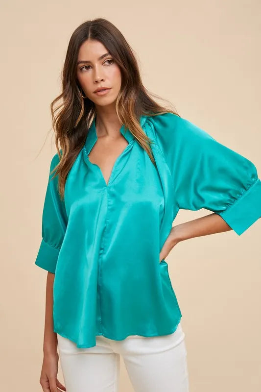 Annie Wear Satin V Neck Open Short Sleeve Woven Blouse Top EMERALD