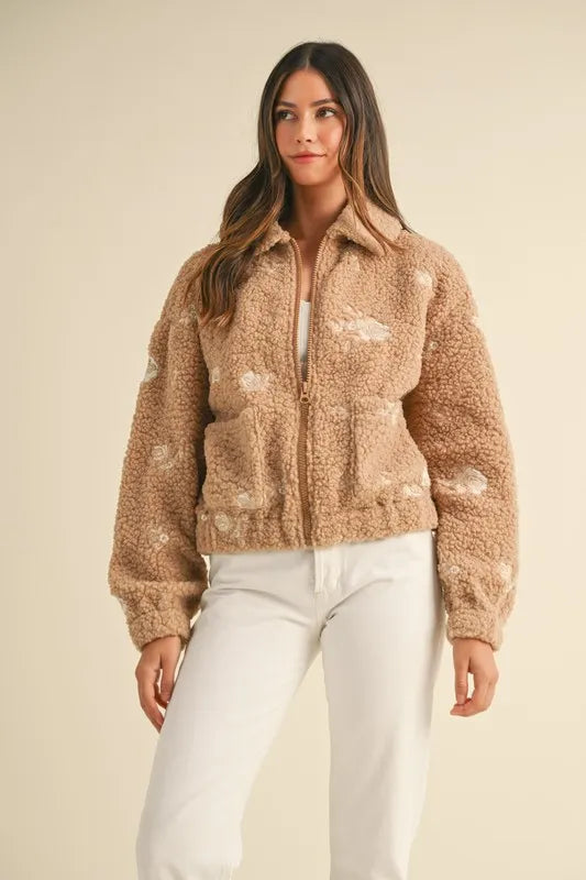 MABLE Floral Embroidered Fleece Teddy Jacket LT MOCHA