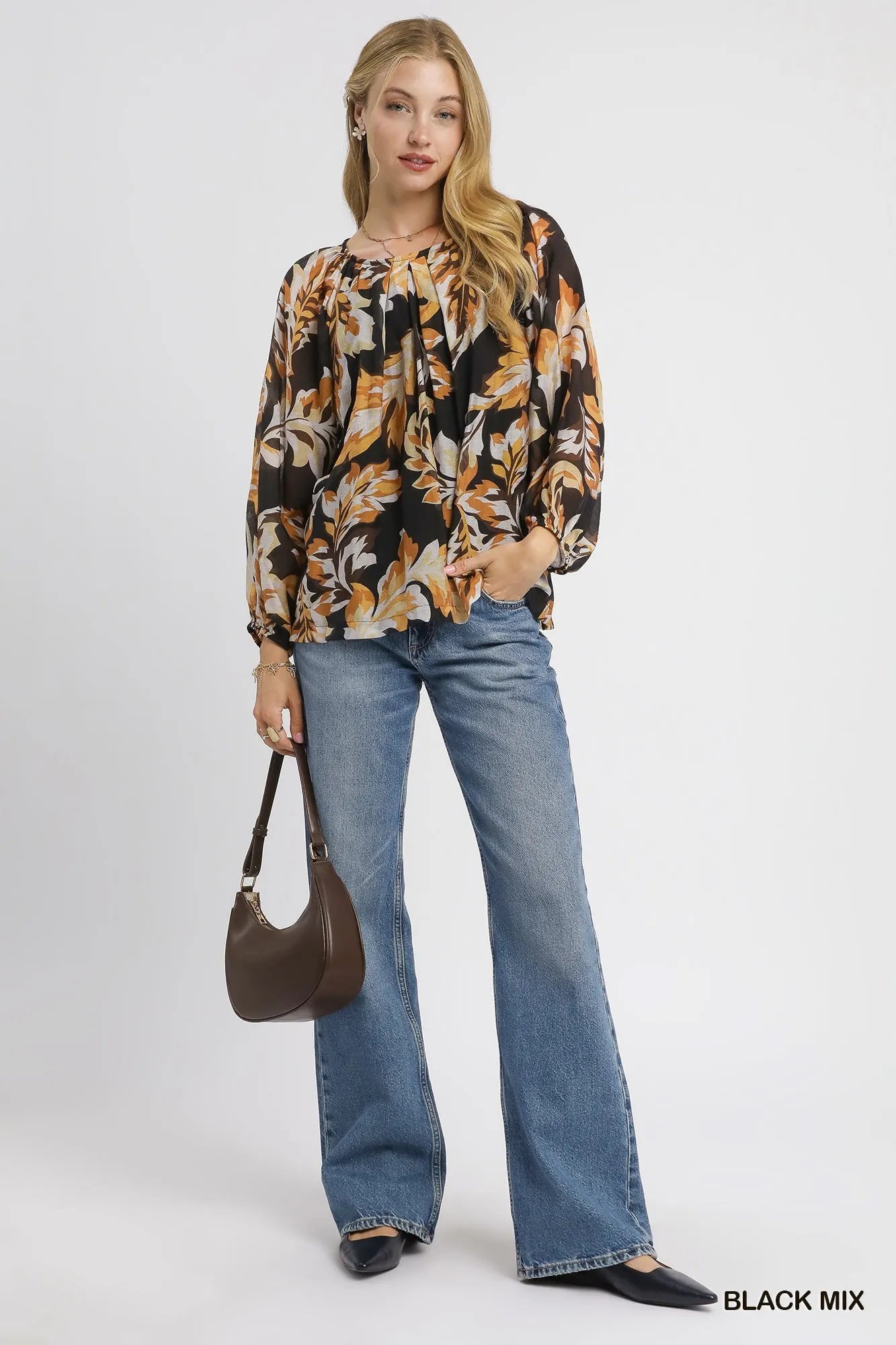 Umgee Autumn Leaf Print Balloon Sleeve Blouse Blouses