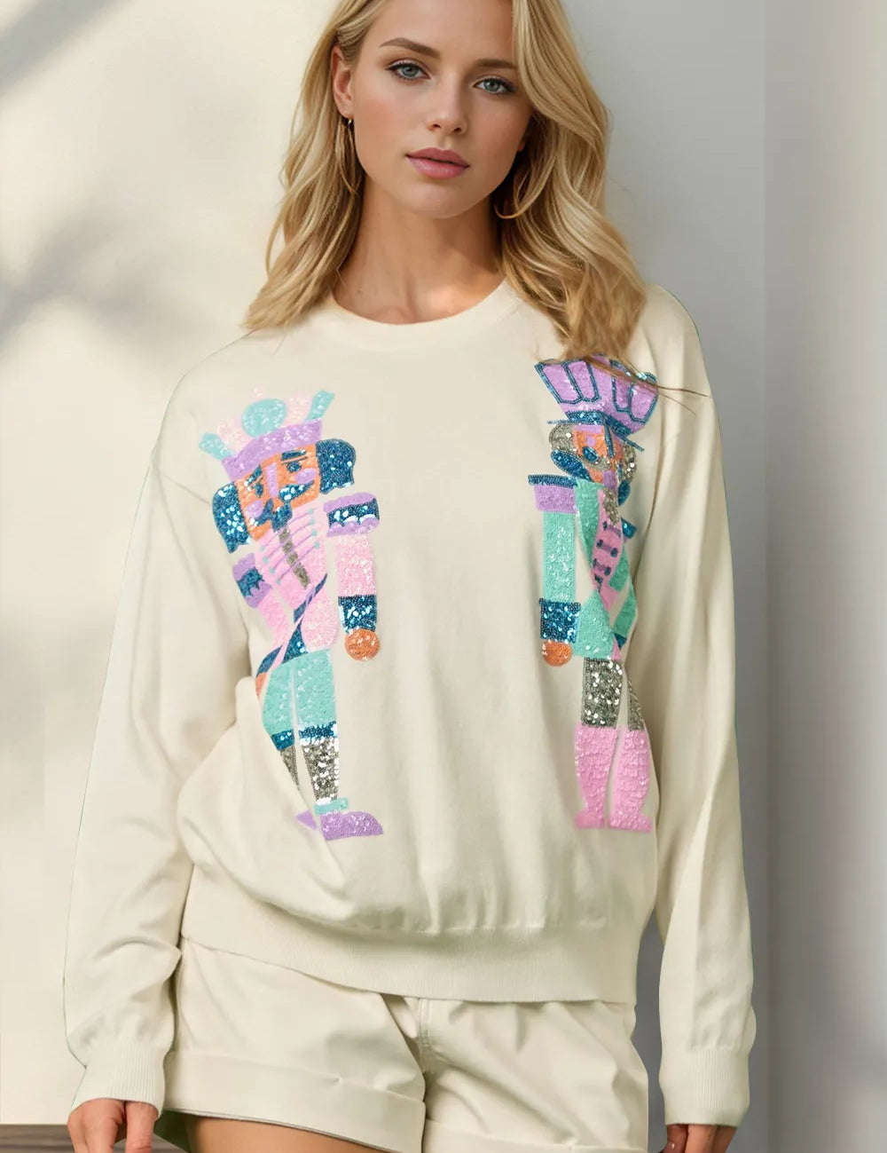 Cream Double Take Full Size Sequin Nutcracker Long Sleeve Sweater | Sweaters Daverri Fashions