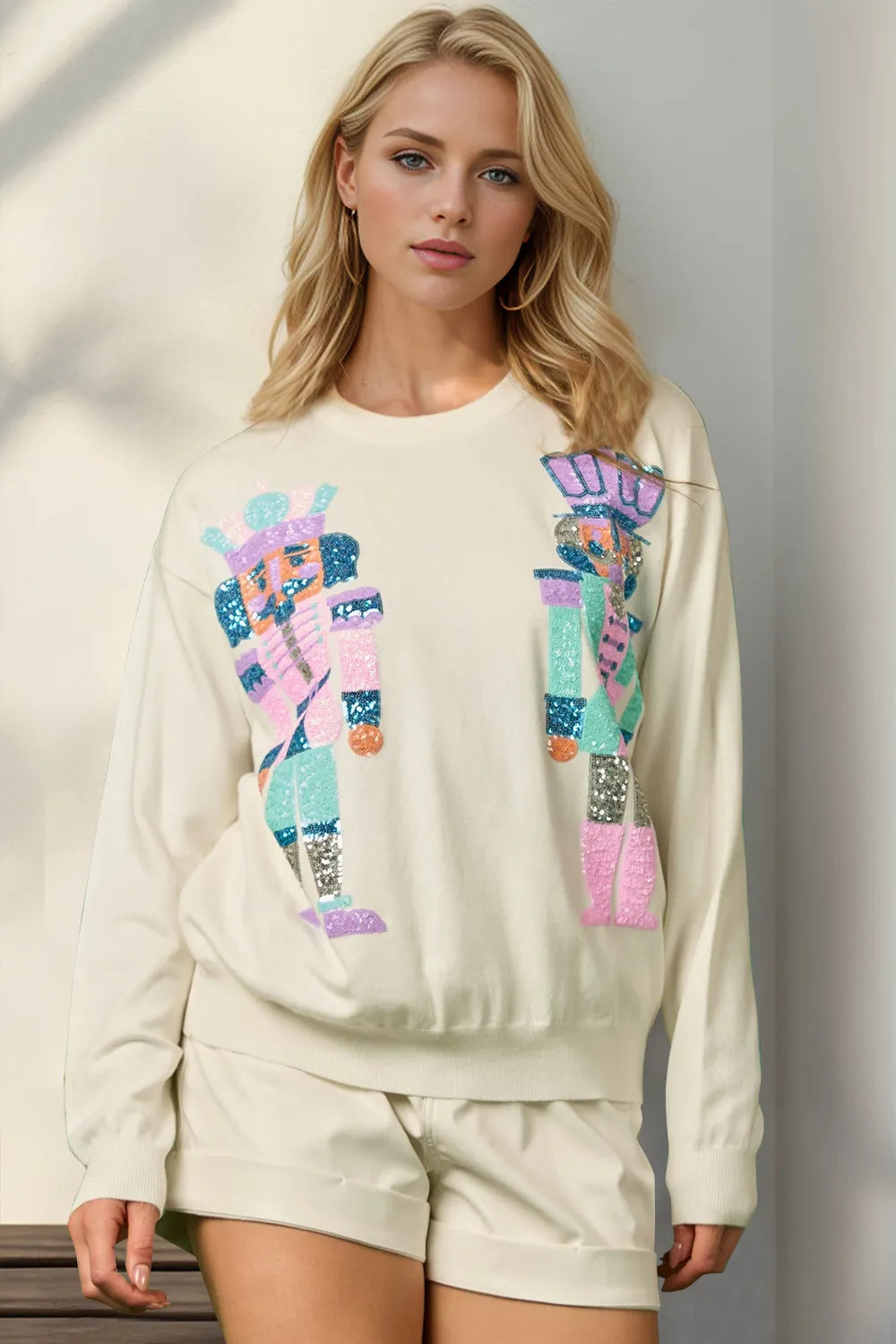 Cream Double Take Full Size Sequin Nutcracker Long Sleeve Sweater | Sweaters Daverri Fashions