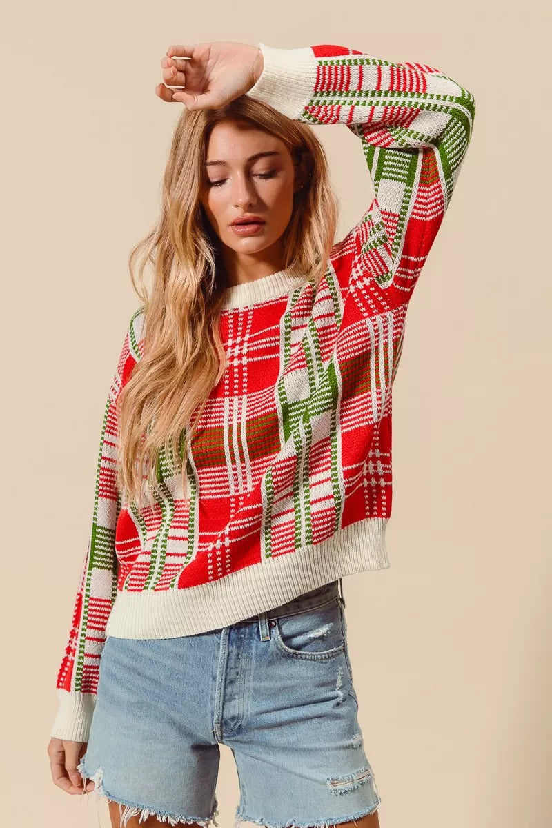 SO ME Christmas Color Checkered Plaid Crew Neck Sweater | Sweaters Daverri Fashions