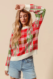 SO ME Christmas Color Checkered Plaid Crew Neck Sweater | Sweaters Daverri Fashions