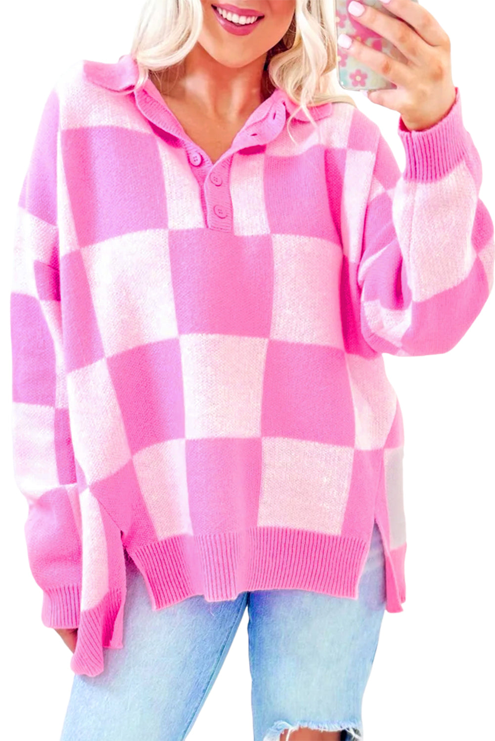 Pink Checkerboard Half Button Collared Drop Shoulder Sweater | Sweaters & Cardigans/Sweaters Daverri Fashions