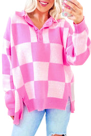 Pink Checkerboard Half Button Collared Drop Shoulder Sweater | Sweaters & Cardigans/Sweaters Daverri Fashions
