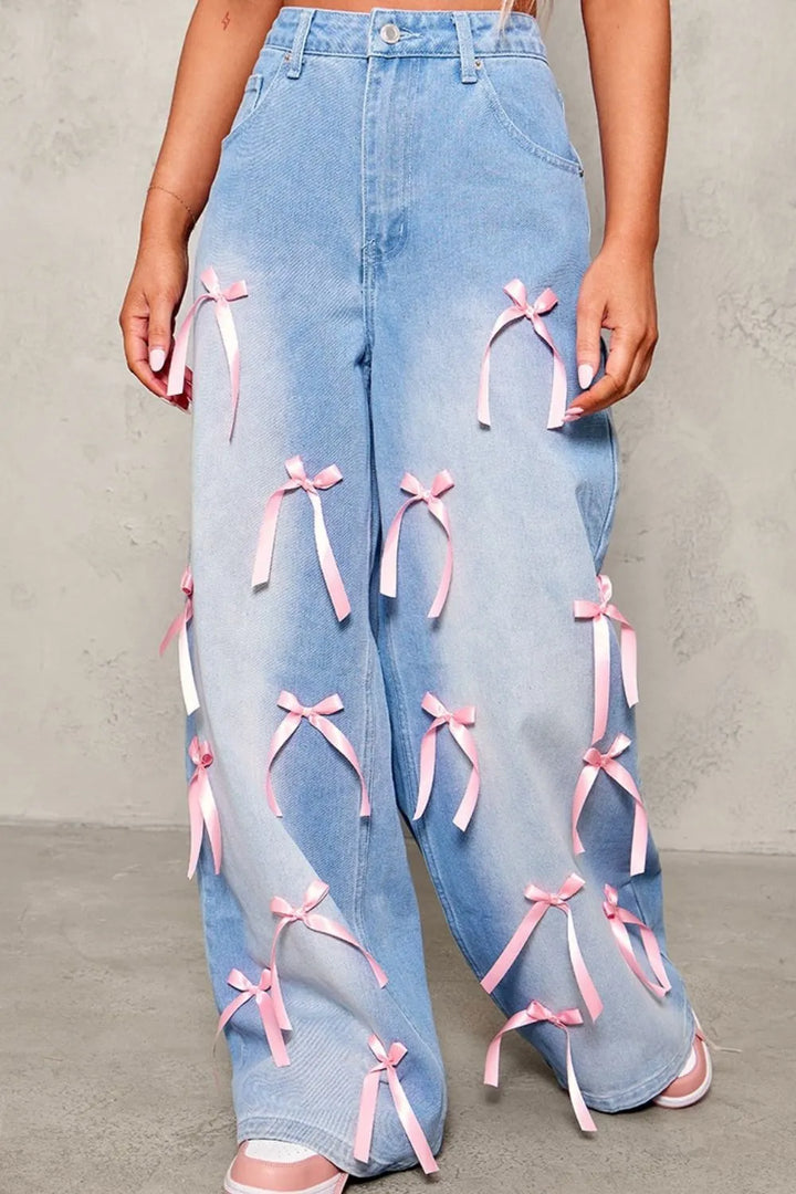 Bow Decorated Wide Leg Denim Jeans | Jeans Daverri Fashions