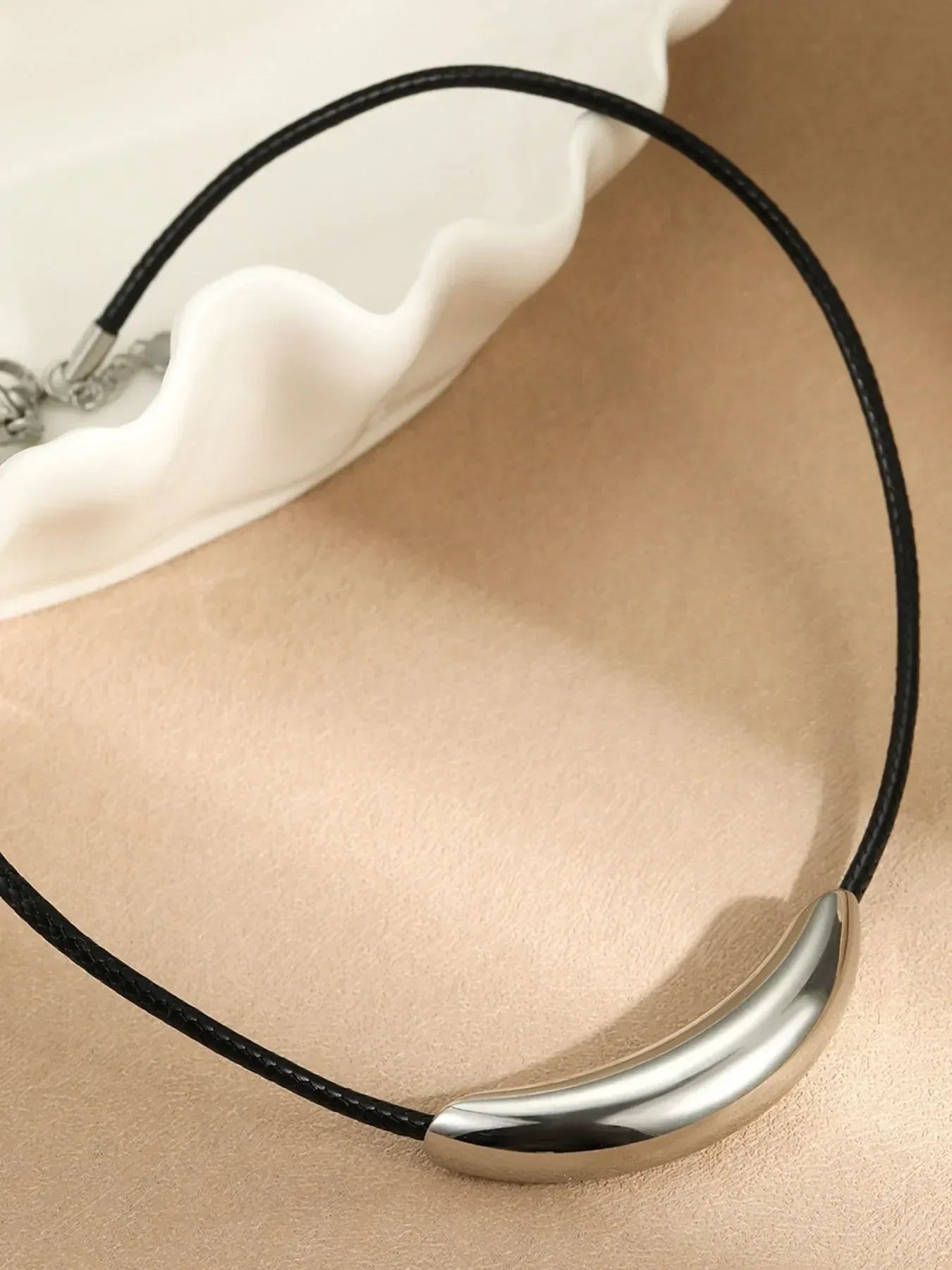 Stainless Steel Curved Bar Necklace with Leather Rope - DAVERRI FASHIONS